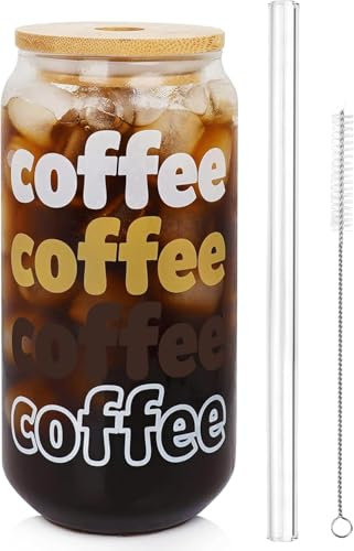 ANOTION Iced Coffee Cup with Lids and Straw, Beer Can Shaped Glass Bamboo Cover 20 Oz Reusable Drinking Glasses Tumbler for Travel Office Home Ice Tea
