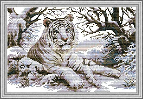 ABEUTY 14ct Kreuzstich Set Vorgedruckt, Weißer Tiger Kreuzstich Stickpackungen DIY Stickerei Set Gestempelt Erwachsene Anfänger