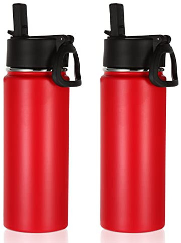 Volhoply 18oz Insulated Water Bottle 2 Pack, Multipack Kids Stainless Steel Water Bottles with Straw Lid, Double Wall Vacuum Metal Bottle (Red,2 Pack)