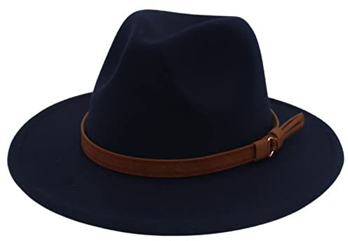 Faringoto Fedora Hut Damen Wollfilz Vintage Kirche Damenhut Unisex breite Krempe, marineblau, M