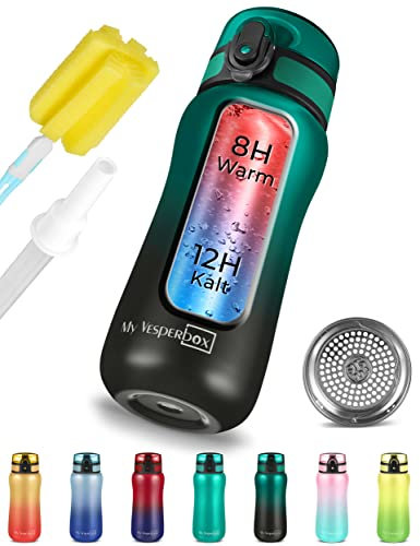 My Vesperbox – Thermo Minny - Edelstahl Trinkflasche auslaufsicher – mit Strohhalm oder Sieb - 400ml, 600ml – Robuste Edelstahl Wasserflasche für Kinder und Erwachsene (Grün - Schwarz, 400 ml)