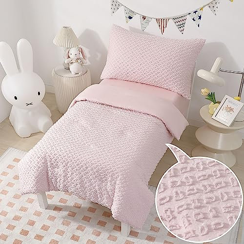 Kleinkind-Bettwäsche-Set für Mädchen, 4-teilig, Boho, getuftet, rosa Jacquard-Büschel, Kleinkind-Bettwäsche-Set für Kinder, Bett-in-a-Bag, Steppdecke, Kinderbett, Kleinkind, Bettlaken-Set mit