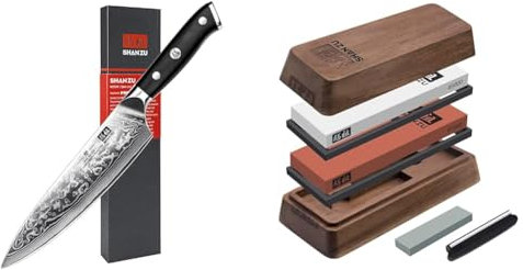 SHAN ZU Cuchillo de Cocina Damasco, 20cm Cuchillo Chef Japones de Acero Damasco de 67 Capas & Piedra de Afilar 1000/5000, Afilador de Cuchillos Profesional