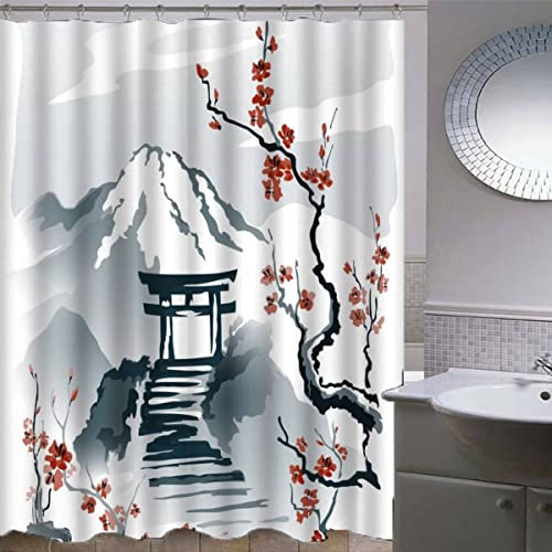 QALEYA Japan Duschvorhang Anti-Schimmel 120x180 Anti-Bakteriell Stoff Polyester Badewanne Vorhang Wasserdicht Waschbar Shower Curtain mit 12 Haken Badezimmerzubehör Orientalischer Stil Bad Vorhäng