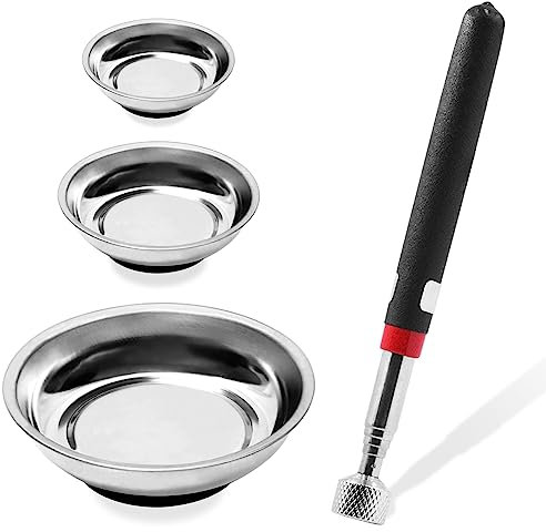 Glarks 4Pcs Magnetic Tool Trays with Magnetic Pickup Tool Set, 3 4 6 Round Magnet Bowls Tools Parts Tray Holder and 10 lb Telescoping Magnet Pickup Stick for Socket Screw Nut Bolt Metal Parts