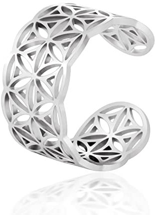 kkjoy Edelstahl Durchbrochener Ring mit Blume des Lebens verstellbar offener Fingerring Versprechenring Schmuck Geschenk für Frauen