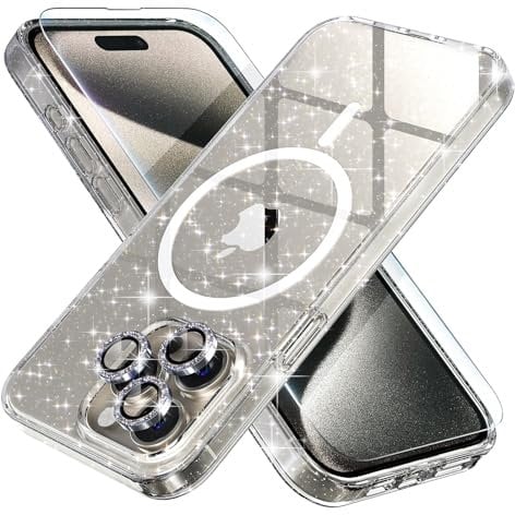 Choiche Magnetic Case for iPhone 15 Pro Max, Women Clear Glitter Bling Sparkly Case, 3 x Diamond Camera Lens Protector, 2 x Tempered Glass Screen Protectors, Compatible MagSafe