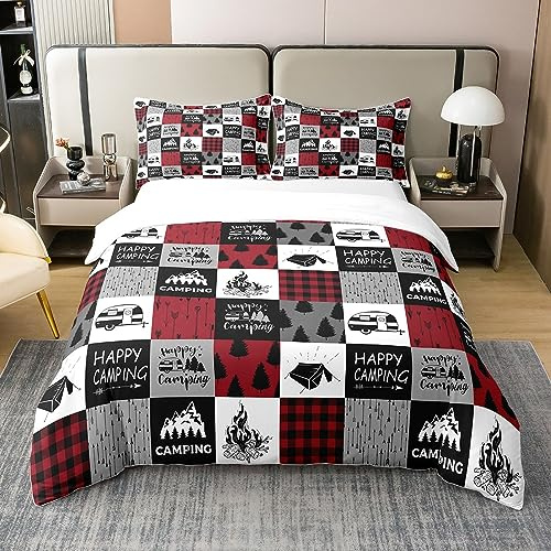 Glückliches Camping 100% Baumwolle Bettbezug,Rustikale Camper Bettwäsche Set 135x200,Land Zelt Lagerfeuer Tröster Abdeckung,Geometrische Karierte Bauernhaus Bett Sets mit 1 Kissenbezug Zimmer Dekor