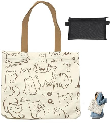 SwirlColor Einkaufstasche 42 x 38cm, Wiederverwendbare Große Katze Tragetasche Leinwand Tragetasche mit Reißverschluss und Taschen für Schularbeit Strand Reise Einkaufen mit Mesh Tasche (Beige)