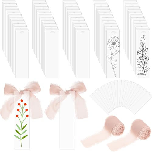 Yeaqee Acryl-Lesezeichen, blanko, transparente Lesezeichen, Acryl-Tags mit 2 Bandrollen, DIY, Handwerk, für Leseliebhabende, für Schulgeschenke, 100 Stück, 11,9 x 3,3 cm, Hellrosa