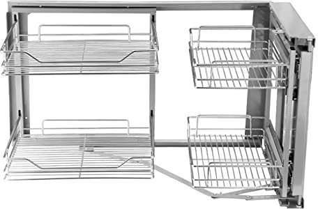 Blinde Ecke Kabinett Auszug Für 15-Zoll Organizer, 2 Etagen 4 Körbe Chrom Küche Eckschrank, Verdeckte Rolle Ausziehbare Regale, Silber, Left Open