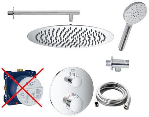 vanvilla Duschsystem mit Unterputz Duscharmatur von Grohe Grohtherm 2-Wege Thermostat und vanvilla Regendusche mit Armatur mit Thermostat, Duschkopf rund, Dusch-SET G10-ob poliert