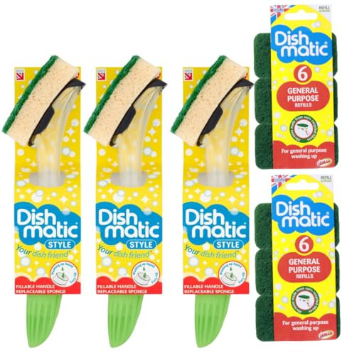 Fillable Washing up Brush x3 and Sponge - Easy Grip Dish Cleaner +3 Bonus Refill - with 12 X General Purpose Brush Sponge Refills