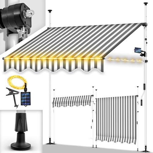 tillvex Klemmmarkise mit Handkurbel Balkon | Balkonmarkise ohne Bohren | Markise UV-beständig & höhenverstellbar | Sonnenschutz wasserdicht (Grau-Weiß mit LED, 300cm)