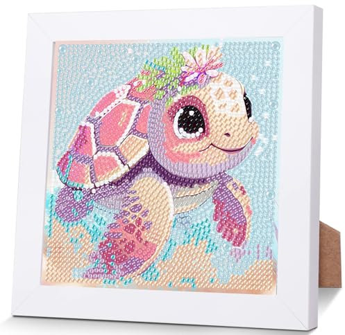 Schildkröten Diamond Painting Kinder Mit Holzrahmen,Set Full Diamant Painting Bilder Kinder Tiere,5D Diamond Painting Mädchen,DIY Mosaikherstellung Arts Craft für Home Wand Decor 18x18cm