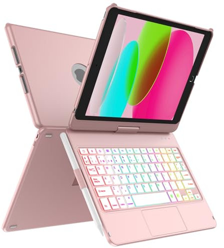 MMK Funda Teclado para iPad 9 Generacion 10.2 2021 con Touchpad, Giratoria de 360° & 7 Teclas retroiluminadas de Color & Conexión inalámbrica Bluetooth con Ranura de Lápiz, para iPad 10.2 9ª/8ª/7ª