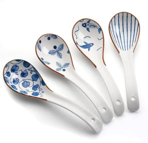 Litinliv 4 Piezas Cucharadas de Porcelana, Cuchara de Cerámica, Cucharas de Sopa Chinas, Cucharas Chinas de Porcelana, Cucharas Japonesas de Sopa, Cuchara de Sopa para Pho Wonton Fideos Miso