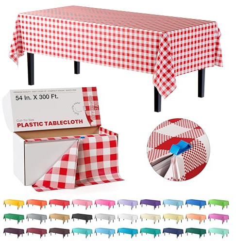 Exquisite Rouleau de Nappe en Plastique Vichy Rouge de 137,2 cm x 90,4 m dans Une boîte à découper avec Coupe-glissière Pratique. Permet de Couper jusqu'à 36 nappes rectangulaires jetables en