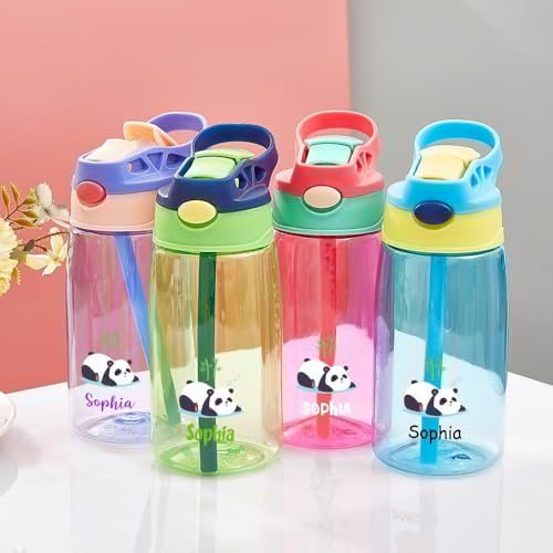 VEELU Gourde Personnalisable pour Enfant avec Paille et Couvercle, Bouteille d'eau Personnalisée Prenom Sans BPA Tritan, Gourde Étanche Réutilisable pour École, Sport, Maternelle -Multicolore 480ml
