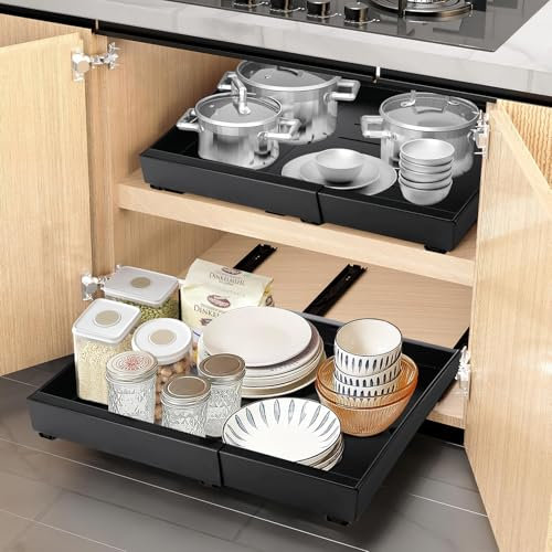 Auauraint Cajón Telescópico, Cajón Deslizante para Cocina, Cajón de Cocina Extensible Desplegable, Ancho Ajustable 32-52cm, Instalación Sin Taladros ni Clavos, para Cocina, Baño, Sala de Estar