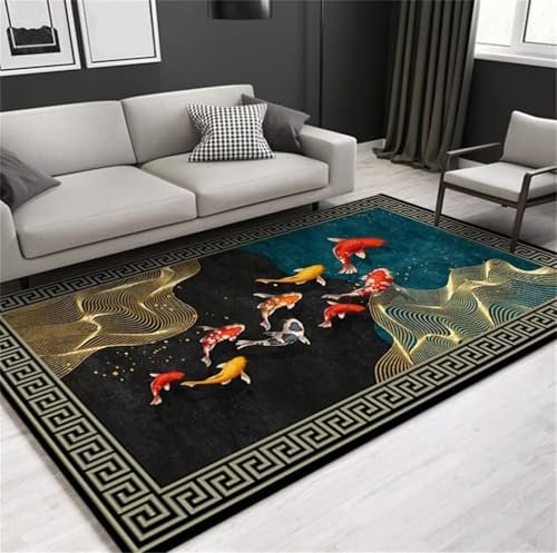 WBDYMX Wohnzimmerteppich100x150CM Schlafzimmer Teppiche Kinderteppiche Leicht zu reinigender Teppich mit rotem Goldfischmuster Schwarz Teppich Esstisch