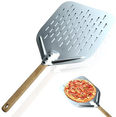 GOMETY Pala para pizza perforada, 30,5 cm, perforada, pala para pizza de aluminio anodizado duro perforado y pala para pan con mango antiescaldaduras para hacer pizza, pan y pasteles caseros