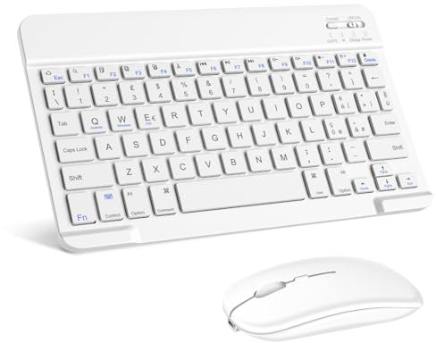 SOPPY Tastiera e Mouse Bluetooth Portatili, Mini Tastiera Universale Ricaricabile per Tablet,Tastiera Wireless per iPad/Samsung Tab/Lenovo Tab/iOS/Android/Windows, Layout Italiano (Bianco)