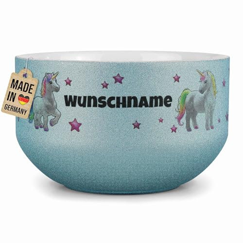 PR Print Royal Kinder-Müslischale mit Name personalisiert - Einhorn - Geschenk für Mädchen und Jungen, Kindertag, Weihnachten, Geburtstag - Keramik Schüssel Blau, 500 ml