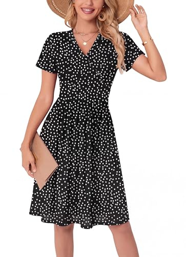 WUWUSKY Robe Femme Chic et Elegant d'été Sexy à Col en V Robes à Manches Courtes Légère et Décontractée avec 2 Poches Latérales, Taches Blanches/Noir, XXL