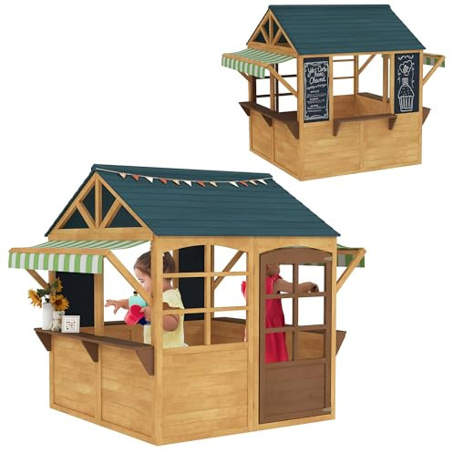 AIYAPLAY Cabane Enfant extérieur Pliable, Maison Enfant extérieure avec Porte, fenêtres, Stations de Service, auvents de Pluie, Tableaux Noirs, maisonnette de Jeu pour 3-8 Ans, 173x117x144cm, Jaune
