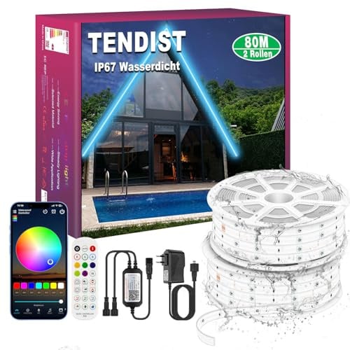 TENDIST 80M IP67 RGB LED Streifen Aussenbereich Wasserdicht, Bluetooth Outdoor LED Strip mit App, Remote und Music Sync, Lichtband Selbstklebend für Garten, Balkon, Terrasse, Festival (40M*2)