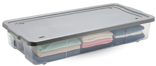 KYY'Z - 47L Wheeled Underbed Storage Boxes Plastic Storage Containers on Wheels Ideal for Clothes Toys Bedding Organiser Stackable Home Bedroom Storage Clear Box with Grey Lid