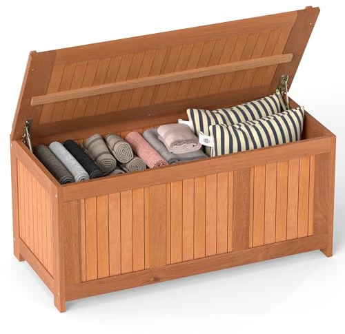 GYMAX Coffre de Jardin Extérieur en Bois Dur 220L, avec Couvercle Rabattable, Organisateur pour Rangement des Outils pour Patio, Cour, Charge 150 KG