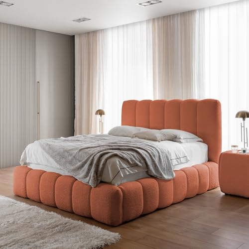 Home Collective Polsterbett Doppelbett Bubble Bett mit Stauraum viele Größen und Farben | Bettgestell mit Lattenrost weicher Bouclé Bezug mit Steppung | Schlafzimmer Möbel | Orange 140x200 cm