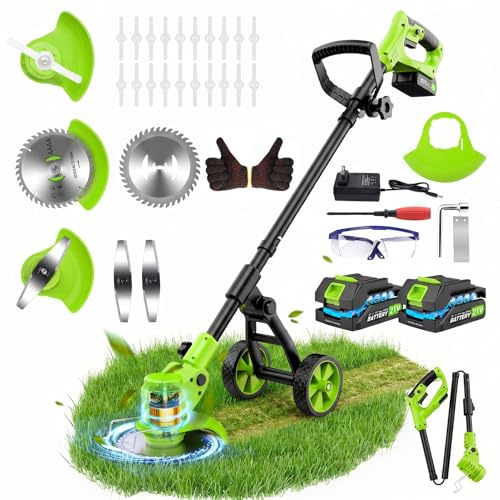 Decespugliatore a Batteria, 21v TelescopicoTagliabordi a Batteria Decespugliatore Elettrico con 2 2Ah Batterie, Ruote di Rimovibili, 3 Tipi di Lame per Il Taglio Di Giardini Prati