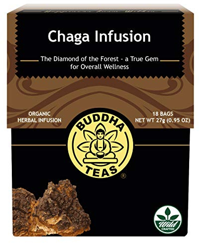 Buddha Teas Chaga Mushroom Tea - Powerful Antioxidants, Wild Harvested, Caffeine Free - 18 Bleach Free Bags per Box (1 Box), Brown