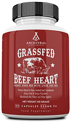 Ancestral Supplements Grass Fed Beef Heart Supplement, Non-GMO CoQ10 Supplement with No Fillers or Flow Agents Supports Heart Health and Mitochondrial Health, 180 Capsules