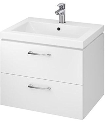 VBChome Waschtisch mit Unterschrank 60 cm Weiß Hochglanz – Hängendes Badmöbel Set mit 2 Soft-Close Schubladen – Keramik Waschbecken – Badezimmerschrank Modern Weiß