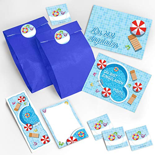 JuNa-Experten 10 Einladungskarten zum Kindergeburtstag Mädchen Junge Schwimmbad Pool Party incl. 10 Umschläge, 10 Party-Tüten/dunkelblau, 10 Aufkleber, 10 Lesezeichen, 10 Notizblöcke