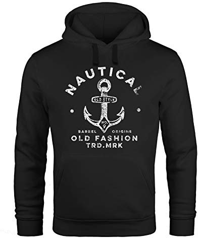 Neverless® Hoodie Herren Anker Motiv Nautical Kapuzen-Pullover Männer Fashion Streetstyle schwarz XL