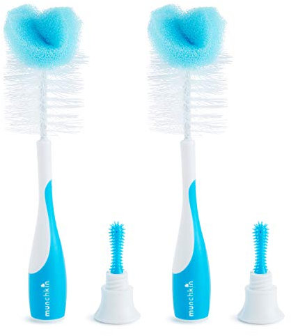 Munchkin 2-In-1 Sponge & Baby Bottle Brushes for Cleaning | Bottle Cleaner Brush & Water Bottle Brush Set | Soft & Reusable with Built In Teat Brush | Dishwasher Safe | 2 Pack | Blue