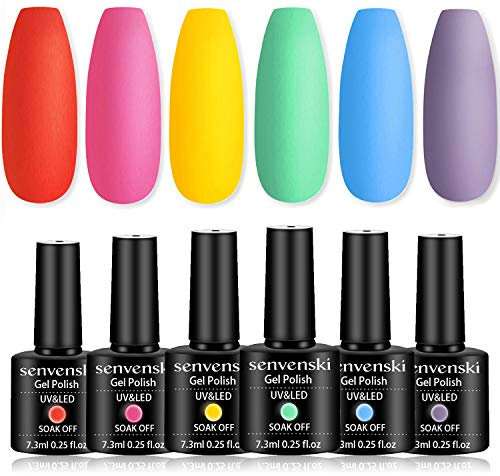Senvenski Gel Nail Polish Red Pink Yellow Green Blue Purple Rainbow Colors Set Gift Soak Off UV LED Manicure Art Varnish Kit 6 Colors (CS6-017)