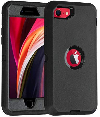 smartelf Compatible with iPhone SE 2020 Case with Screen Protector Heavy Duty Dustproof Shockproof 3 in1 Full Body Cover Hard Shell For AppleiPhone SE 2022 4.7-Black