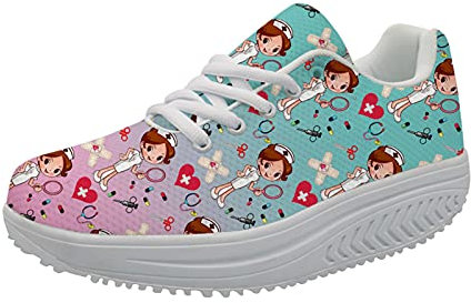 Showudesigns Calzado Running Mujer Enfermera Zapatillas de Deporte Casual Sneakers para Caminar Plataforma Zapatillas con Cordones Shake Toning Rocker EU 36 Arco Iris Colorido Rosa y Aqua