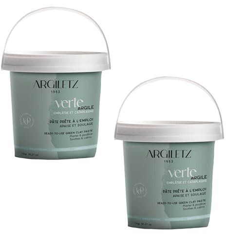 ARGILETZ- Lot de 2 Pots d'argile verte 1kg - pâte prête à l'emploi - DISTRIBUE PAR ARCILIA - ARGILE SECHEE AU SOLEIL ARGILETZ - CATAPLASME, EMPLATRE, MASQUE SOIN BEAUTE VISAGE, CHEVEUX...