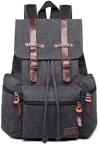 KONO Canvas Rucksack Unisex Vintage Rucksack Schultasche Leder Casual Daypack für Damen Herren Jungen Mädchen Outdoor Reisen Wandern Camping (Schwarz)