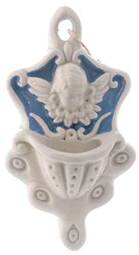 Holyart Acquasantiera Ceramica Deruta angioletto Fondo Azzurro Decorata incisioni 10x5x5 cm