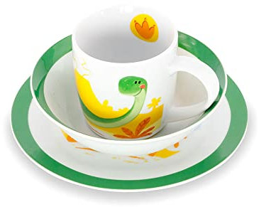 BIOZOYG - Set di Stoviglie per Bambini in Porcellana - Set per Colazione da 3 Pezzi, Lavabile in Lavastoviglie, Set di Piatti Tazze Ciotole Bianchi con Disegno, Idee Regalo Bambini, Dinosauro