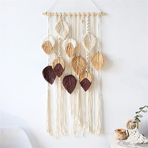 TROYSINC Makramee Wandbehang, Handgewebt Boho Deko Wandteppich, Handgefertigte Gewebte Blatt Feder Tapisserie Quaste, Tapestry für Wohnzimmer Wohnheim Wanddeko (Braun)