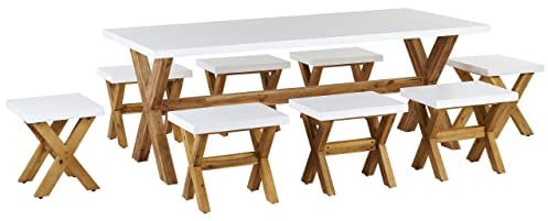 Beliani Gartenset weiß Tisch 200x100 cm 8 Hocker Betonplatte Akazienholz Rustikal Olbia